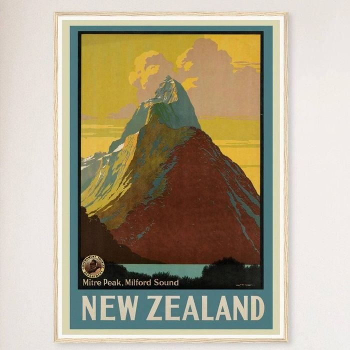 Galrie Milford Sound Vintage Travel Poster Captivating New Zealand Art for Your Home, Wood Frame, A2 42 x 60cm (16 x 24inch)