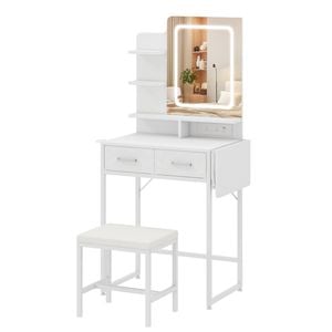 Ufurniture Makeup Vanity Stool Set w/ LED Lighted Mirror Charging Station Foldable Side & Drawers White