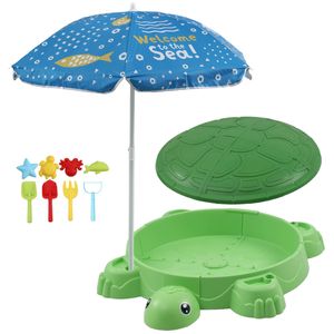 Keezi Kids Sandpit Turtle Sandbox Toys with Umbrella Lid Green