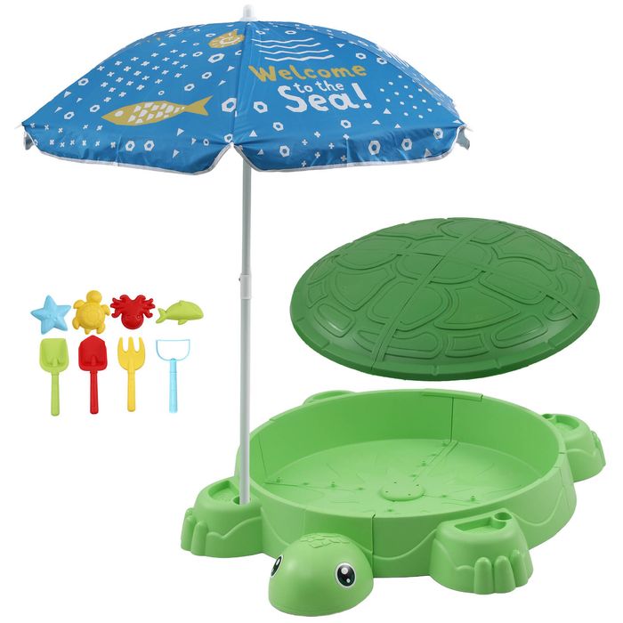 Keezi Kids Sandpit Turtle Sandbox Toys with Umbrella Lid Green