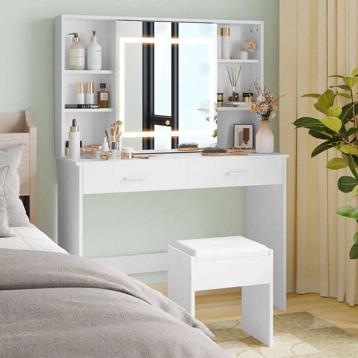 Advwin Dressing Table Stool Set with Slide Make up LED Mirror