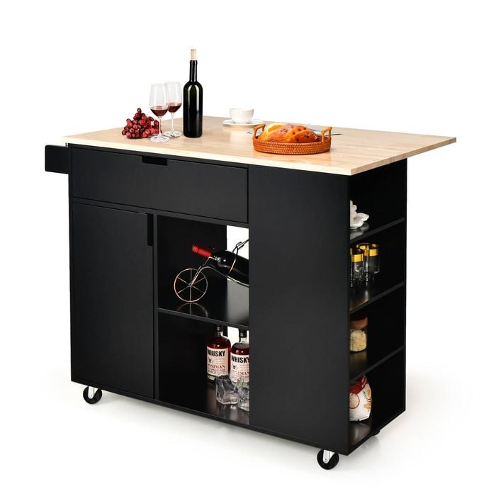 Costway Large Kitchen Island Trolley w/Drop Leaf Countertop Black