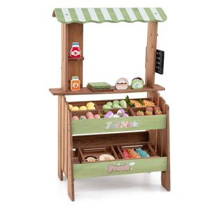 Costway Kid Wood Mud Grocery Store Farm Market Playset Pretend Shop-Brown
