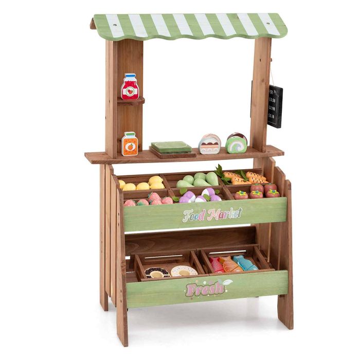 Costway Kid Wood Mud Grocery Store Farm Market Playset Pretend Shop-Brown
