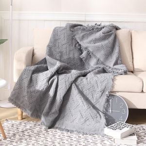 CottonMore Slub PolyCotton Knitted Blanket Grey T Pattern Sofa Bed Leisure Throw Rug 180x230cm