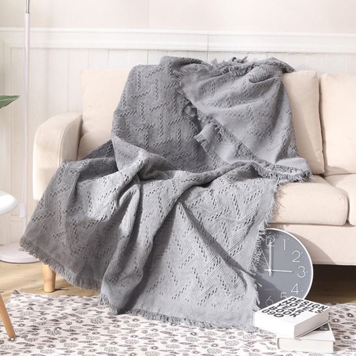 CottonMore Slub PolyCotton Knitted Blanket Grey T Pattern Sofa Bed Leisure Throw Rug 180x230cm