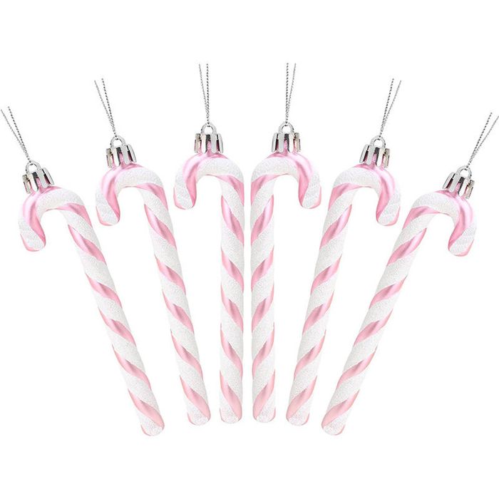 Catzon 6 Pcs Glitter Candy Cane Christmas Ornaments with Golden Ropes-Pink