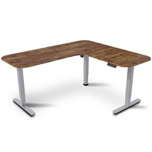 FORTIA Corner Standing Desk, 160x140cm, 72-118cm Sit, Electric Height Adjustable, Walnut Style Desktop/Silver Frame