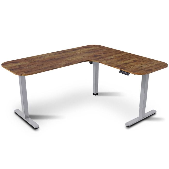 FORTIA Corner Standing Desk, 160x140cm, 72-118cm Sit, Electric Height Adjustable, Walnut Style Desktop/Silver Frame