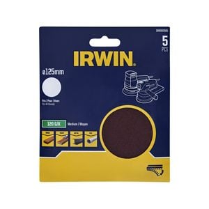 IRWIN 125mm 120G No Holes Quick Fit Random Orbital Sanding Discs - 5 Pack