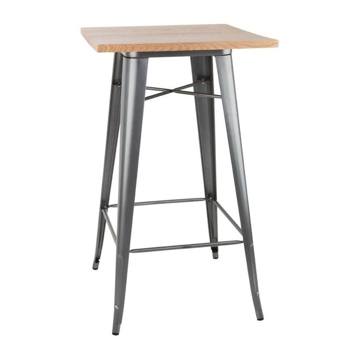 Bolero Bistro Metal Square Bar Table Wooden Top Gun Metal Grey 600mm Commercial Cafe Furniture