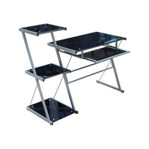 Yes4homes Metal And Tempered Glass Computer Desk Laptop Writing Desk Gaming Table With Storage Shelves
