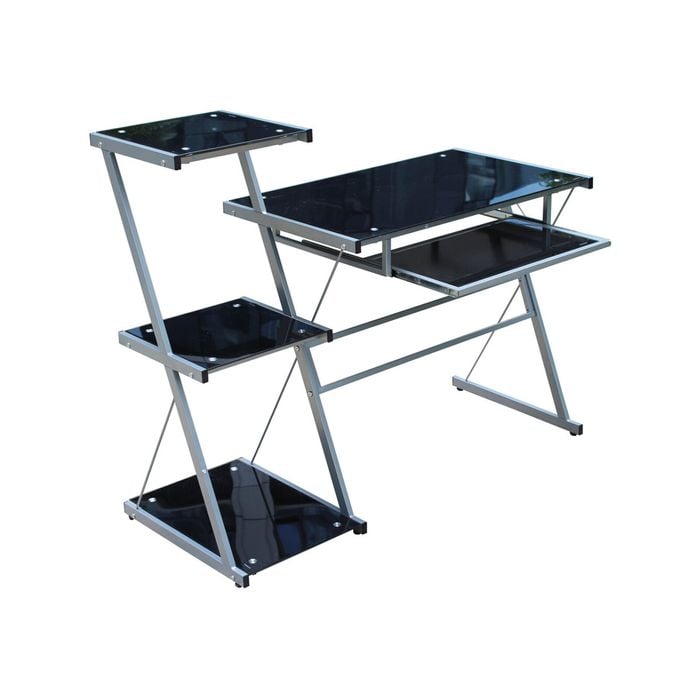 Yes4homes Metal And Tempered Glass Computer Desk Laptop Writing Desk Gaming Table With Storage Shelves