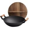Large Cast Iron Stir Fry Wok - Durable Wooden Handle Cookware - 33CM