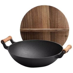 Large Cast Iron Stir Fry Wok - Durable Wooden Handle Cookware - 33CM