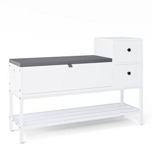 Ufurniture Shoe Bench Flip-Top Cabinet and Side Hook Entryway Shoes Rack with 2 Storage drawers Storage Organizer White