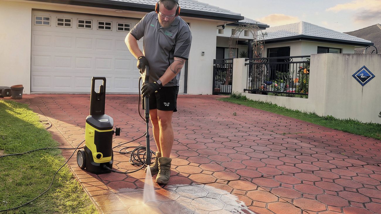Person using a pressure washer to clean a paved driveway outside a modern suburban home.