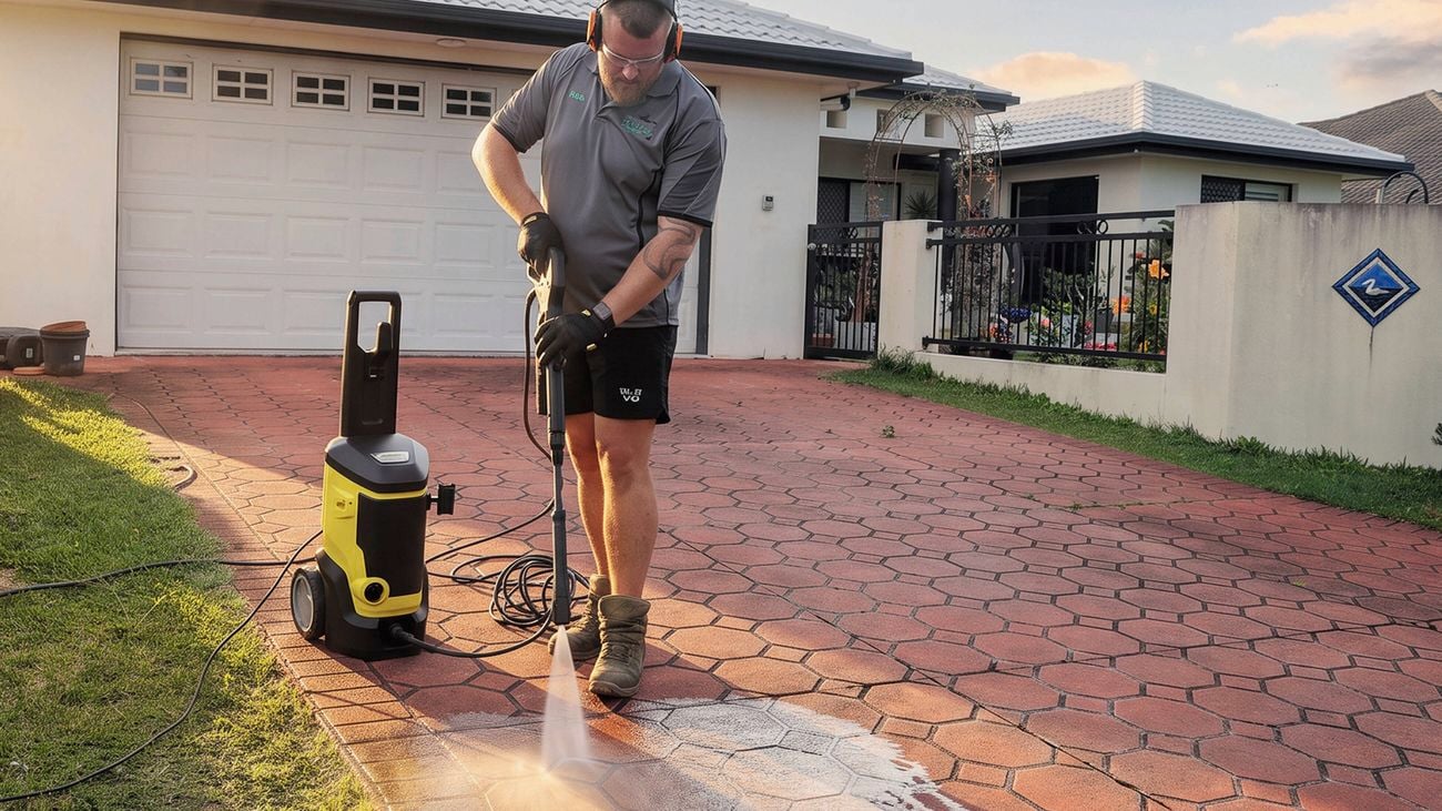 Person using a pressure washer to clean a paved driveway outside a modern suburban home.