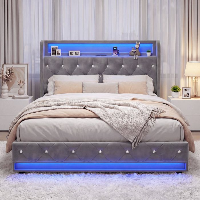 Advwin Double LED Bed Frame with Tufted Velvet Upholstered Headboard & Charging Station 4 Storage Drawers Dark Grey