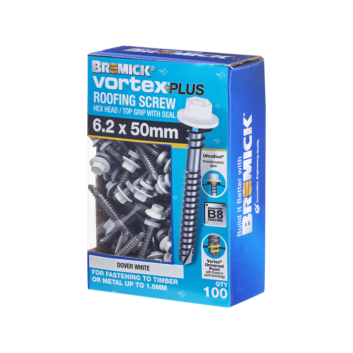 Bremick Vortex Plus Roofing Screw 6.2 x 50mm HEX B8 DW BOX 100