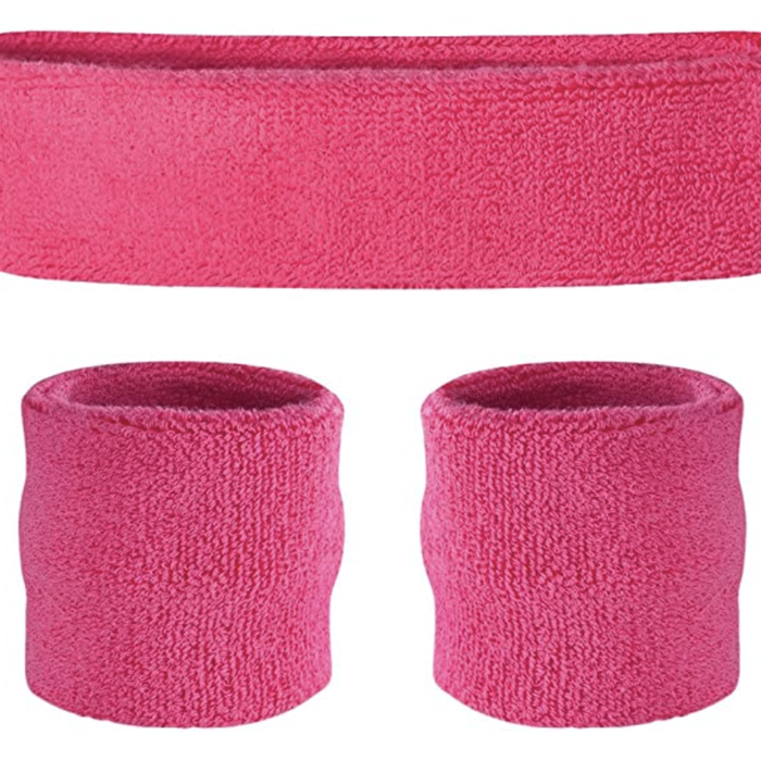 WRISTBAND & HEADBAND SET Tennis Terry Towelling Cotton Sweat Band Team Gym  Hot Pink