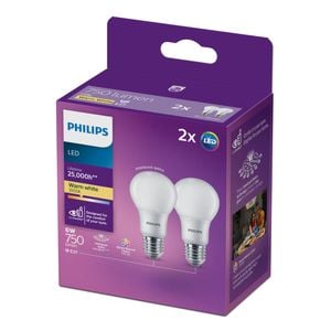 Philips A60 E27 LED 750Lm Warm White 6W Globe - 2 Pack