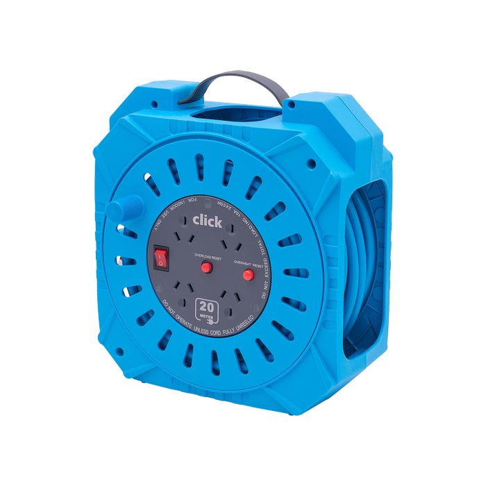 Click 20m Blue and Grey Heavy Duty 4 Outlet Cable Reel