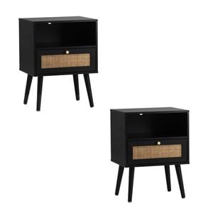 Oikiture Set of 2 Bedside Tables Rattan Black