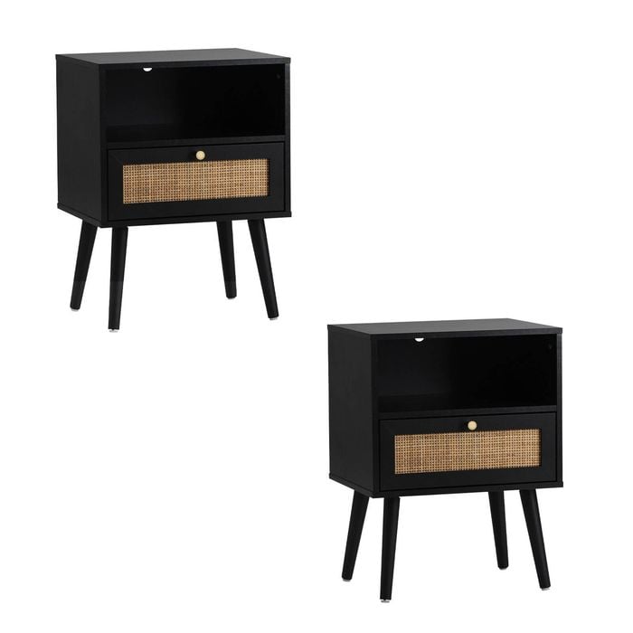 Oikiture Set of 2 Bedside Tables Rattan Black