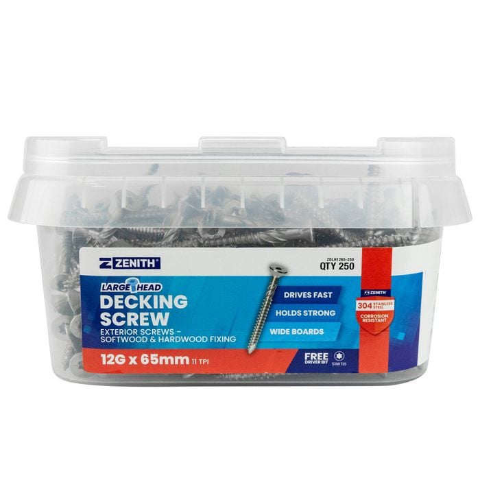 Zenith Large Head Decking Screw T25 12G x 65mm SS304 - 250 Pack