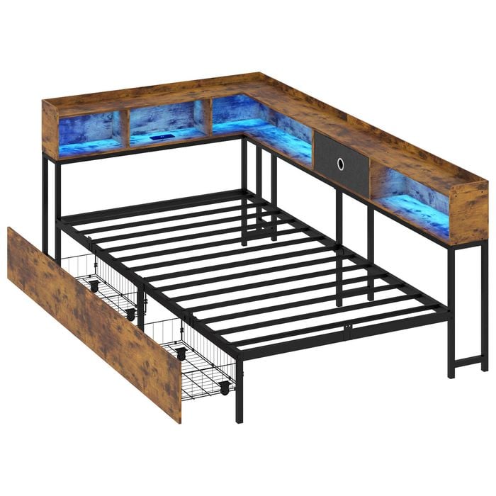 Ufurniture King Single Corner Bed Frame With Storage Drawers Led Light Shelves And Charging Station Brown