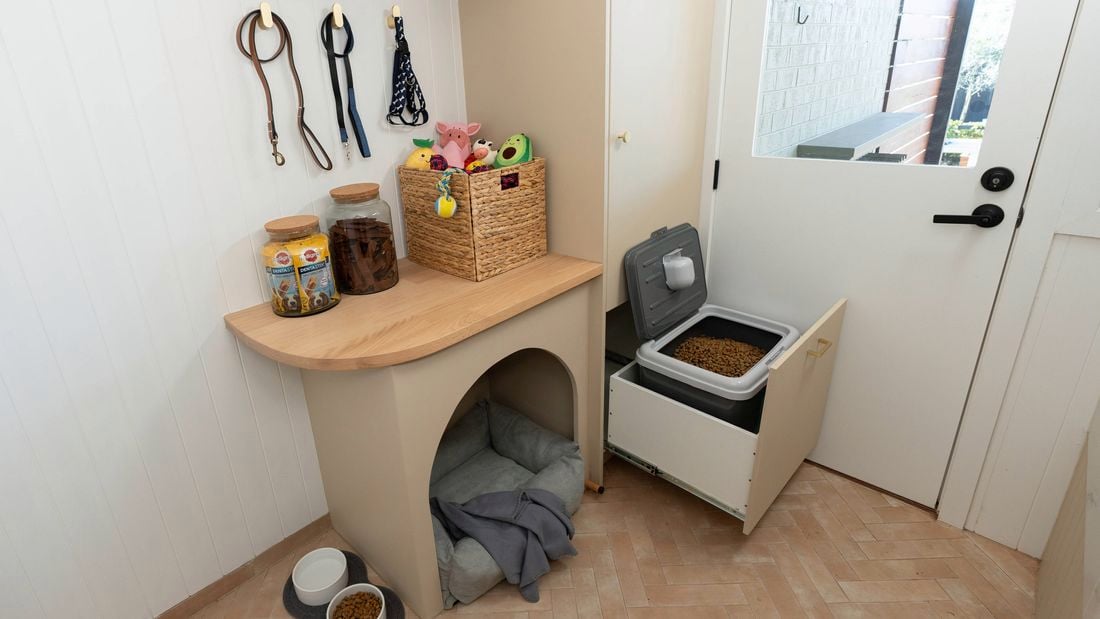 A neatly organised pet space features leashes on hooks, jars of treats, a basket of toys, a cozy pet bed, and food and water bowls on the floor.