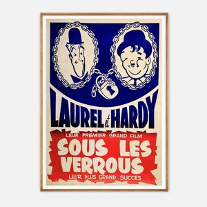 Galrie Laurel and Hardy Vintage Movie Poster Art Print - 'Sous Les Verrous' Cinema Decor, Wood Frame, 50 x 70cm (20 x 28inch)