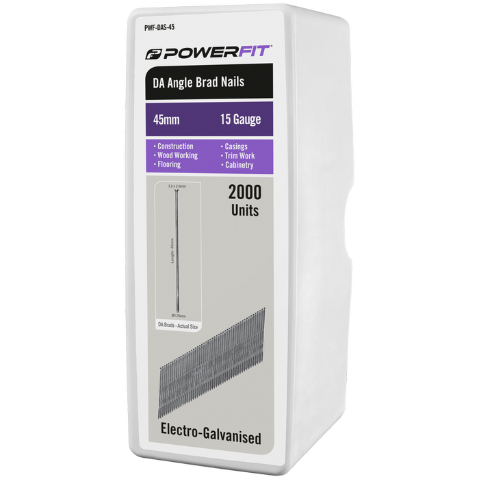 PowerFit 45mm DA Angle Electro-Galvanised Brad Nails – 2000 Pack