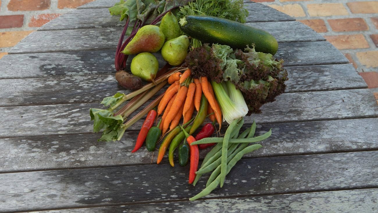 Fruit and veg piled up on a table.