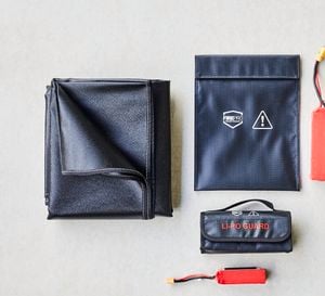 Flat lay layout of lithium ion battery charging safety pack