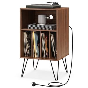 Costway Bedside Table Record Player Stand With Charging Station Walnut