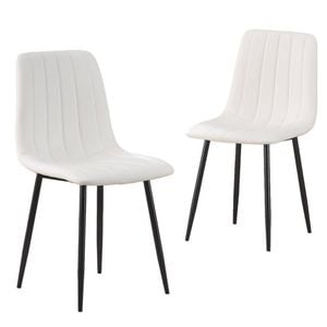 Bribrion X2 Dining Chairs With Black Metal Legs Upholstered Faux Leather Seats Channel Back Modern Kitchen Pu White