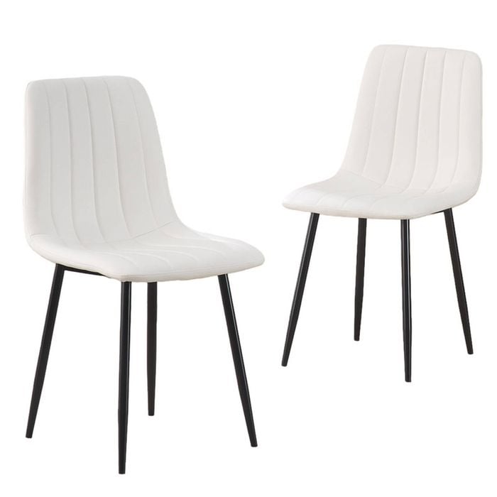 Bribrion X2 Dining Chairs With Black Metal Legs Upholstered Faux Leather Seats Channel Back Modern Kitchen Pu White