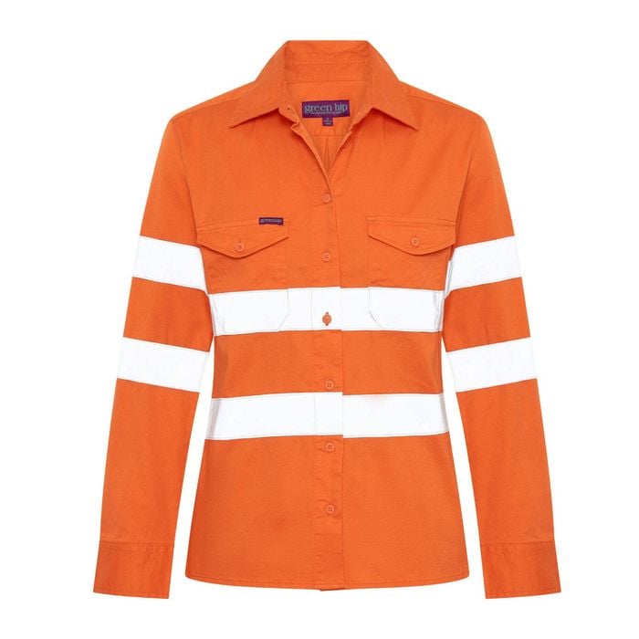 Green Hip Long Sleeve HiVis Reflective Shirt Orange Size 18