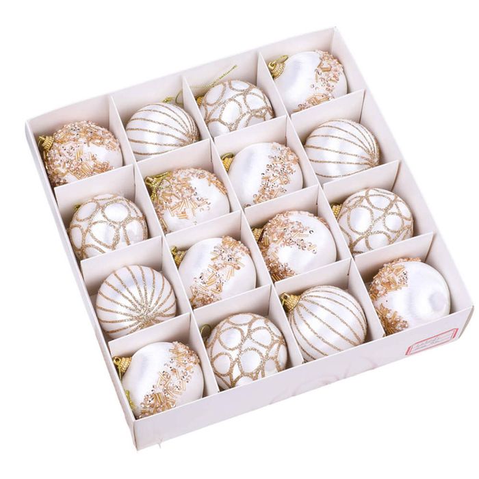 Catzon 16 Pcs Shiny Christmas Baubles Silk Wrapped with Rhinestone Sequins for Party Decor-White