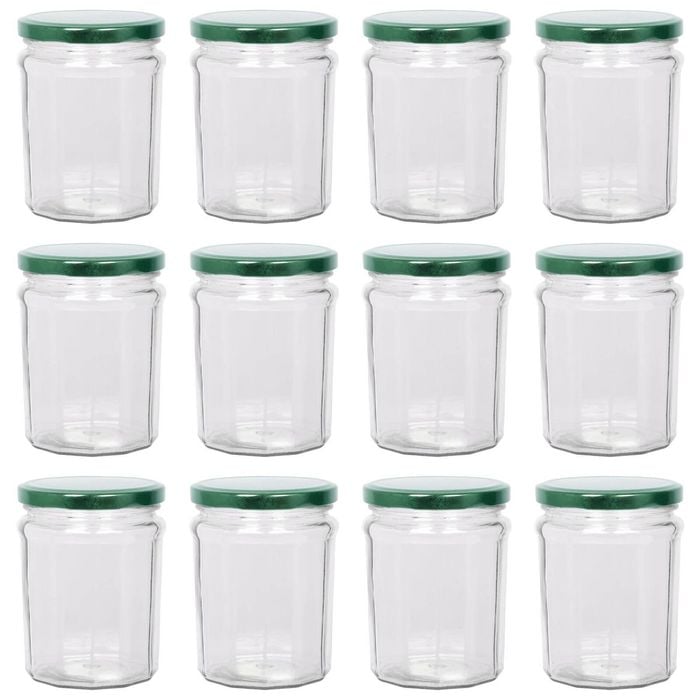 Argon Tableware Glass Jam Jars with Green Lids - 380ml - Pack of 12