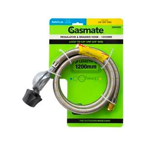 Gasmate Regulator & Braided Hose - 1200mm - LCC27 to 5/8" UNF (3/8" SAE)