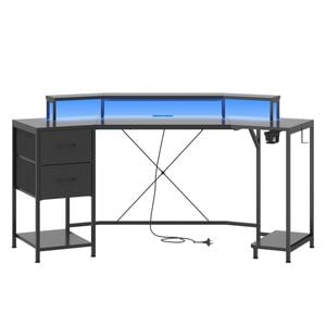 Ufurniture 185cm Led U Shape Gaming Desk With Power Outlets, Monitor Stand, Storage Drawers & Pc Stand, Black