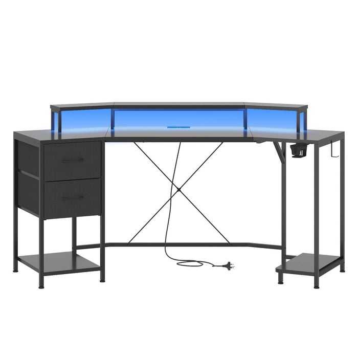Ufurniture 185cm Led U Shape Gaming Desk With Power Outlets, Monitor Stand, Storage Drawers & Pc Stand, Black