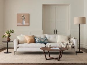 Modern living room painted white with timber furniture