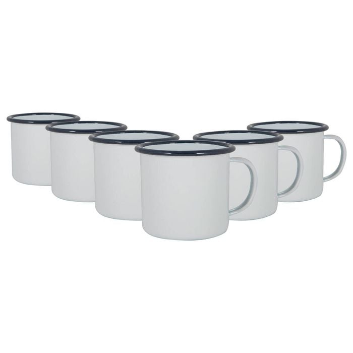 Argon Tableware 375ml Enamel Mugs - Navy Rim - Set Of 6 Metal Drinking Cups Coffee Teacup Mug Set Hot, Cold Drinks Cups