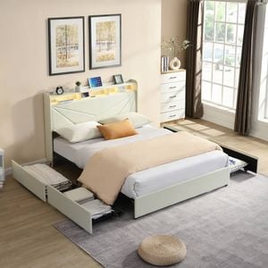 HOMFURN Queen Size Upholstered Bed Frame with 4 Drawers, USB&Led Lights, Beige