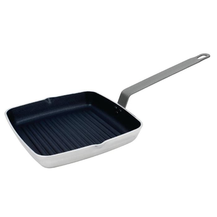 Vogue Ribbed Skillet Pan Aluminium Square Non-stick Teflon Platinum Plus 240mm