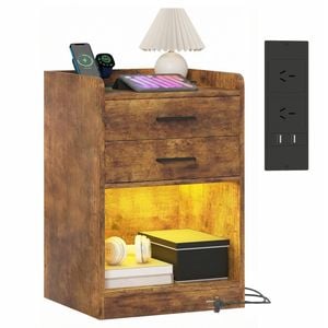 Small Nightstand with Charging Station LED Bedside Table with 2 Drawers & Shelf Walnut